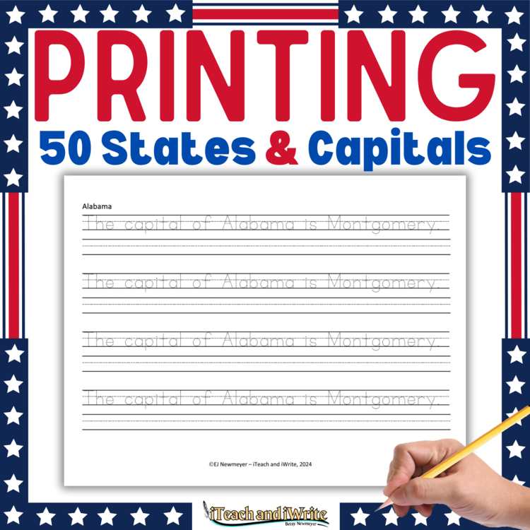 US States and Capitals Printing Penmanship Practice Handwriting Worksheets