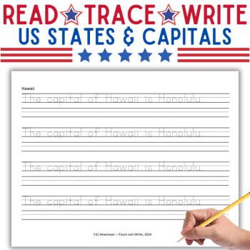 US States and Capitals Printing Penmanship Practice Handwriting Worksheets, image 2