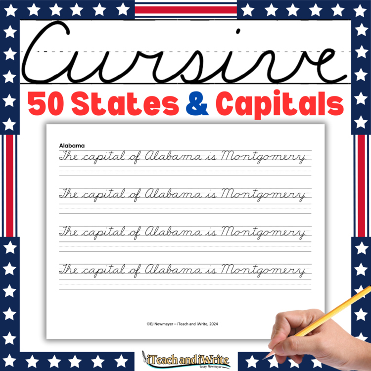 Cursive Penmanship Practice US States & Capitals Handwriting Practice Worksheets