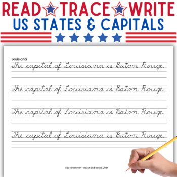 Cursive Penmanship Practice US States & Capitals Handwriting Practice Worksheets, image 2
