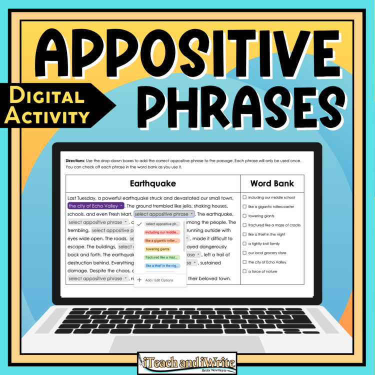 Appositive Phrases: 10 No-Prep Digital Cloze Reading Passages with Appositives