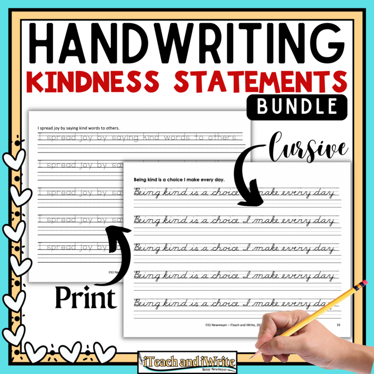 Kindness Statements Penmanship Practice: Cursive & Print Handwriting Bundle