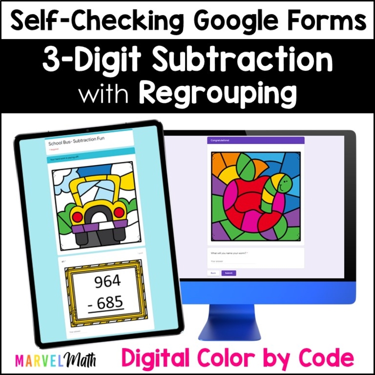 3 Digit Subtraction with Regrouping #4 - Digital Coloring by Code - Google Forms