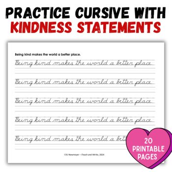 20 Kindness Week Cursive Penmanship Practice Handwriting Worksheets, image 2