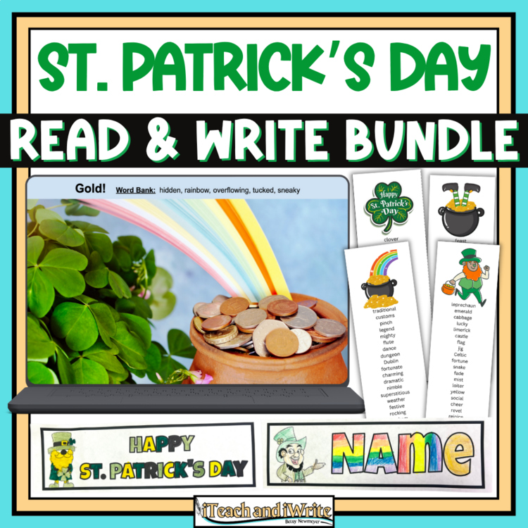 St. Patrick's Day Bundle | Digital Writing Prompts & Editable Bookmarks to Color
