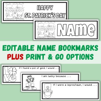 St. Patrick's Day Bundle | Digital Writing Prompts & Editable Bookmarks to Color, image 3