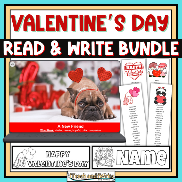 Valentine's Day Digital Writing Prompts & Editable Name Bookmarks to Color