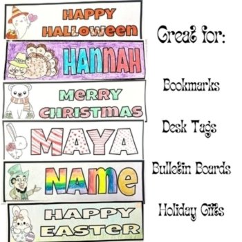 Seasonal Holiday Coloring Name Bookmark Bundle: Editable & Customizable, image 4