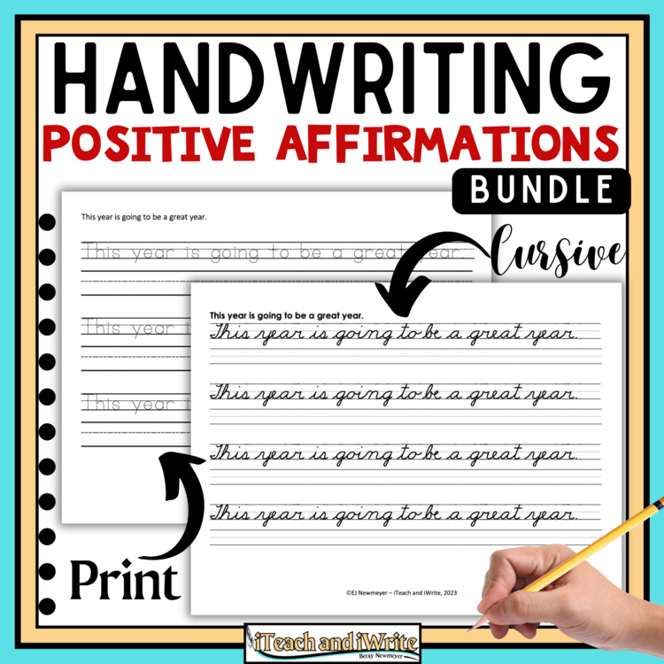52 Positive Affirmations Cursive Print Penmanship Practice Handwriting Bundle