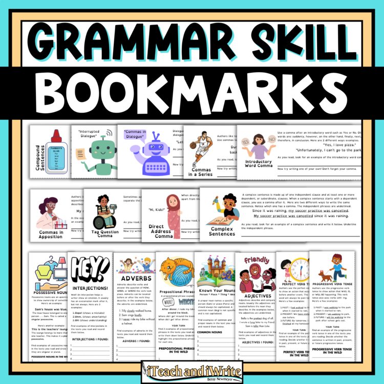 Grammar Skills Bookmarks, Posters & Google Slides for Interactive Grammar Review