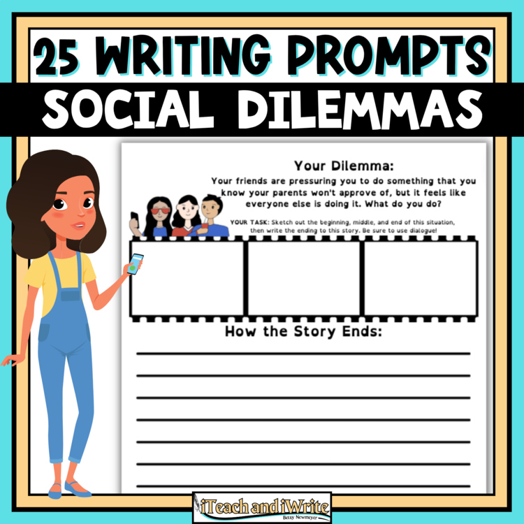 25 Middle School Social Dilemmas SEL Creative Writing Prompt Worksheets