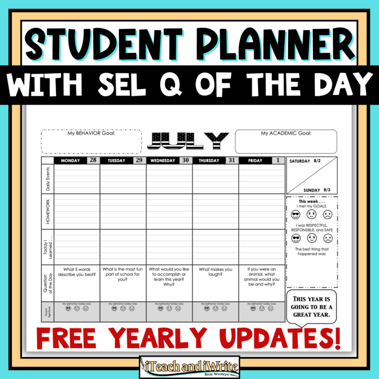 Yearlong AVID Student Planner with SEL Question of the Day, Weekly Affirmations