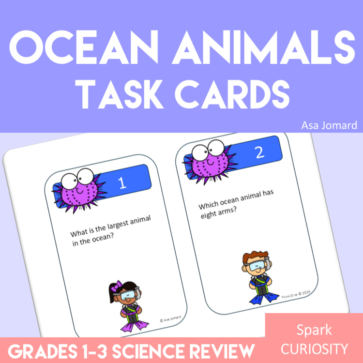 Ocean Animals Task Cards — 24 Question Cards with Recording Sheet and Answer Key
