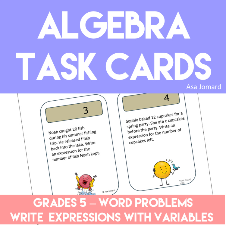 24 Task Cards Word Problems | Write Expressions with Variables.