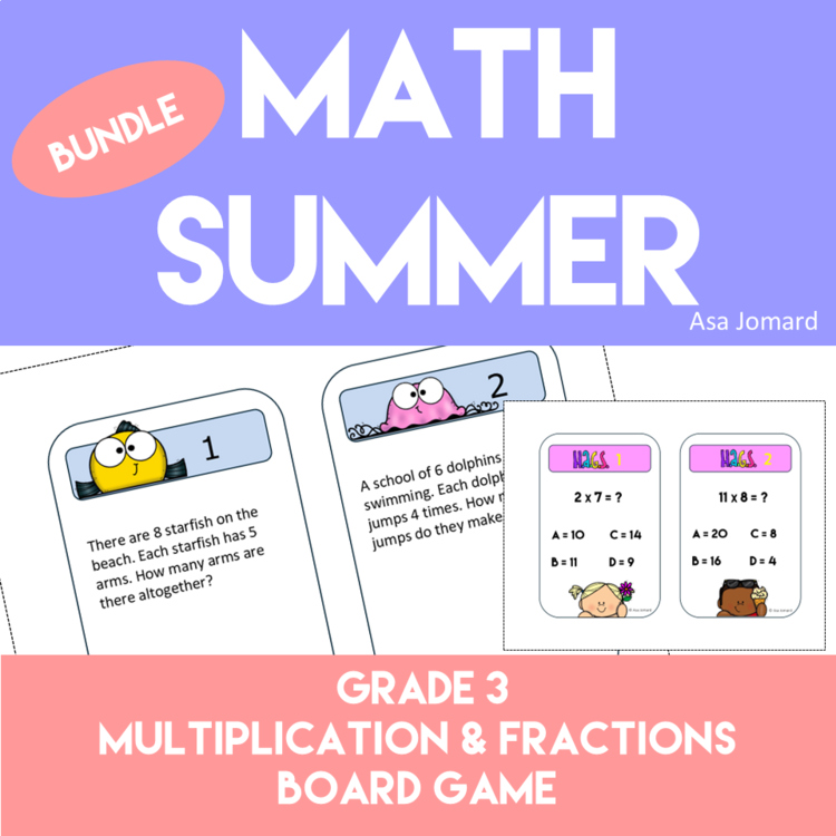 Math Summer Bundle | Grade 3 Fraction Multiplication | Board Game Task Cards