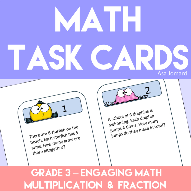 Multiplication and Fractions 24 Task Cards | Ocean-Themed Grade 3