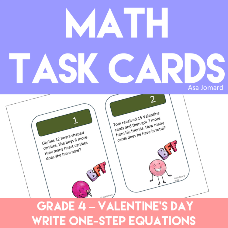 Algebra Valentine's Day Task Cards - Grade 4 | Write  One-step Equations