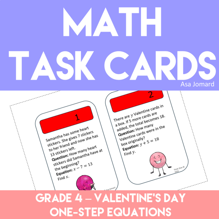 Algebra Valentine's Day Task Cards - Grade 4 | One-Step Equations