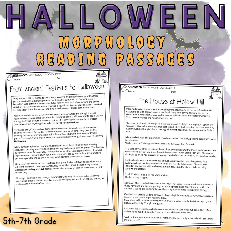 Halloween Morphology Reading Fluency Passages 6th 7th Grade Etymology Vocabulary