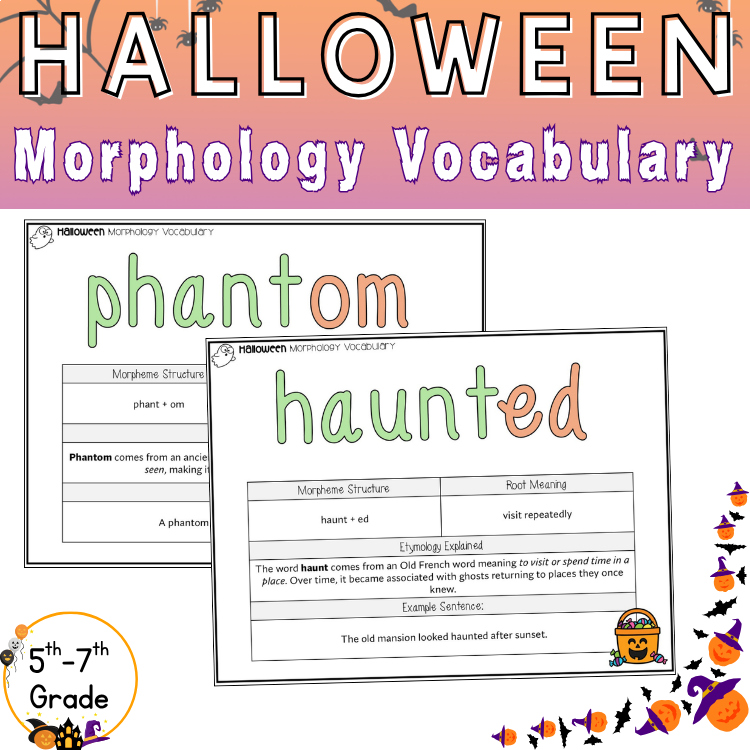 Halloween Morphology Morpheme Vocabulary Posters 6th 7th Grade Word Wall ELA