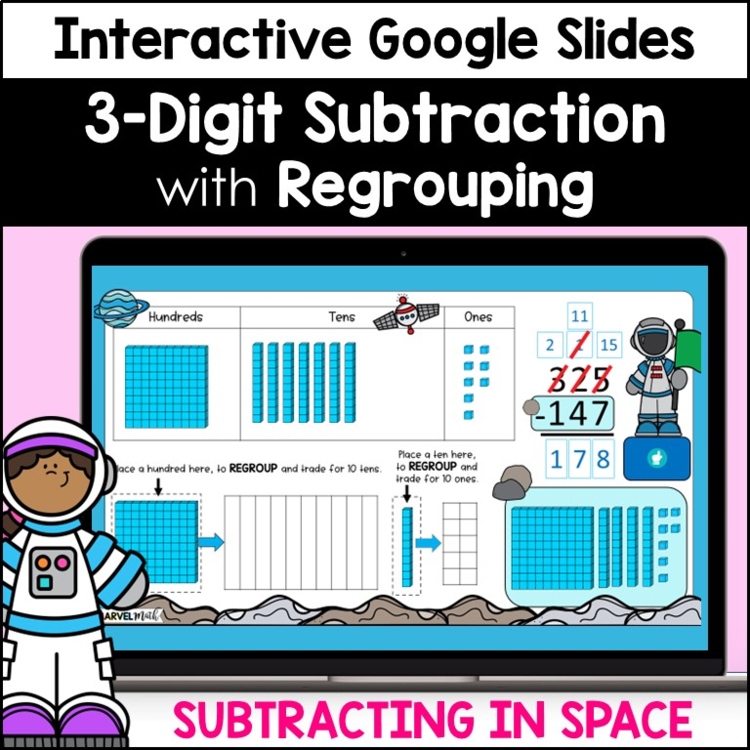 3 Digit Subtraction with Regrouping #1 - Base 10 Blocks - Subtracting in Space