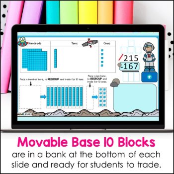 3 Digit Subtraction with Regrouping #1 - Base 10 Blocks - Subtracting in Space, image 4