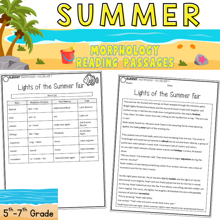 Summer Morphology ELA Passages & Questions Vocabulary Review 5th 6th 7th Grade
