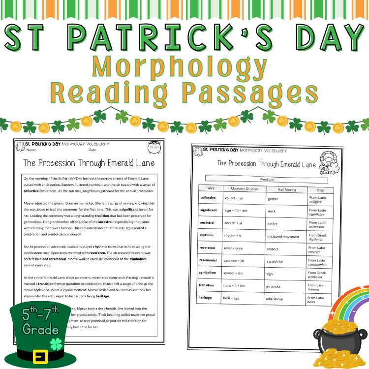 St Patricks Day Morphology Activity Reading Comprehension Fluency 6th 7th Grade