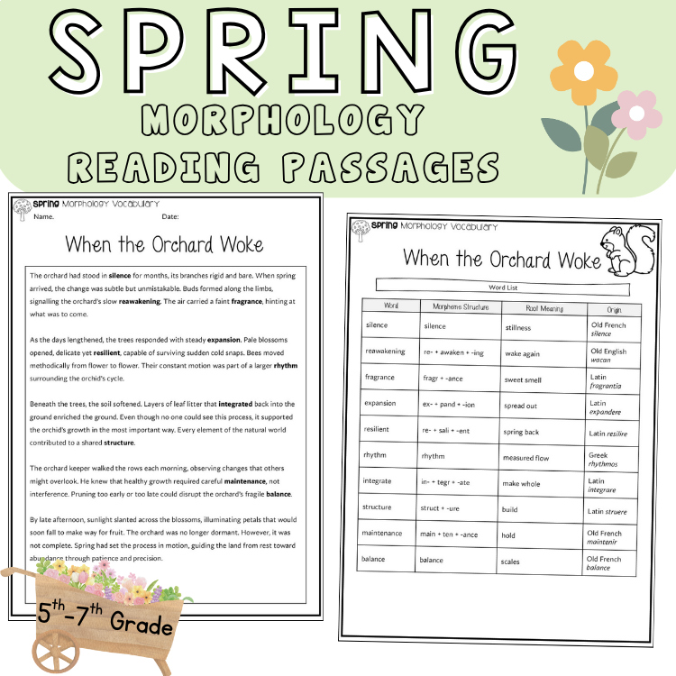 Spring ELA Packet 5th 6th 7th Grade Reading Centers Morphology Fluency Passages