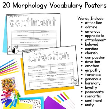 Valentines Day Morphology Word Wall Posters & Notebook Worksheets 6th 7th Grade, image 2
