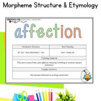 Valentines Day Morphology Word Wall Posters & Notebook Worksheets 6th 7th Grade, image 3