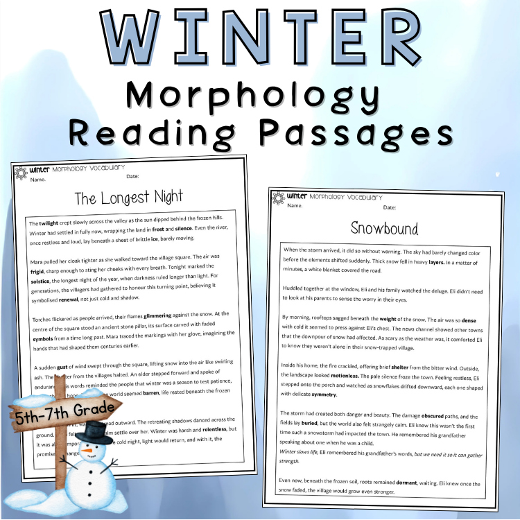 Winter Morphology Vocabulary Reading Passage, Fluency Tracker, Word List 6th 7th