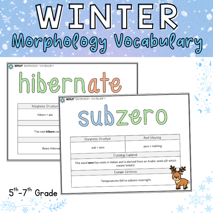 Winter Vocabulary Morphology Wall Posters & Notebook Worksheets 6th 7th Grade