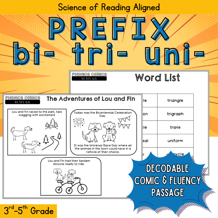 Prefixes bi tri uni Phonics 4th Grade Morphology Passages Prefix Practice Review