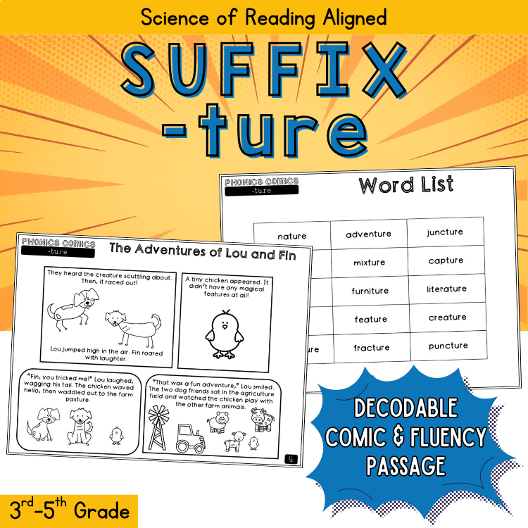 Decodable Comics -ture Suffixes Reading Passage & Word Work Activities 3rd Grade