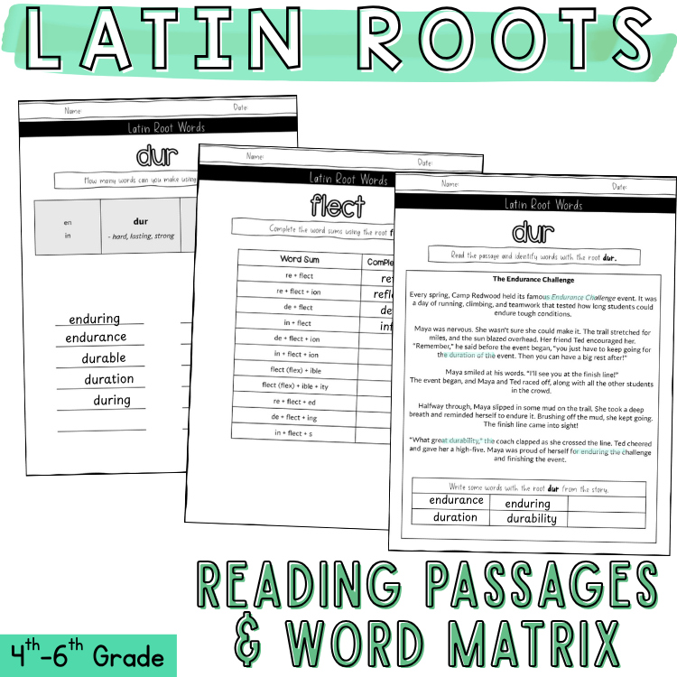 Latin Roots Morphology Matrix & Word Sums with Reading Passages 5th 6th Grade