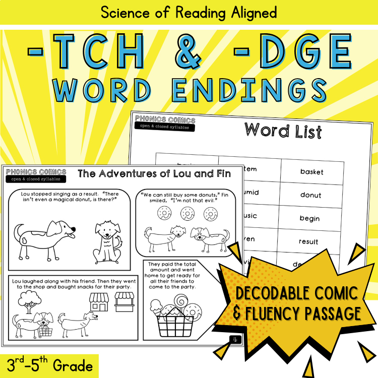 Trigraph tch & dge Decodable Fluency Phonics Comic & Worksheets 3rd 4th Grade