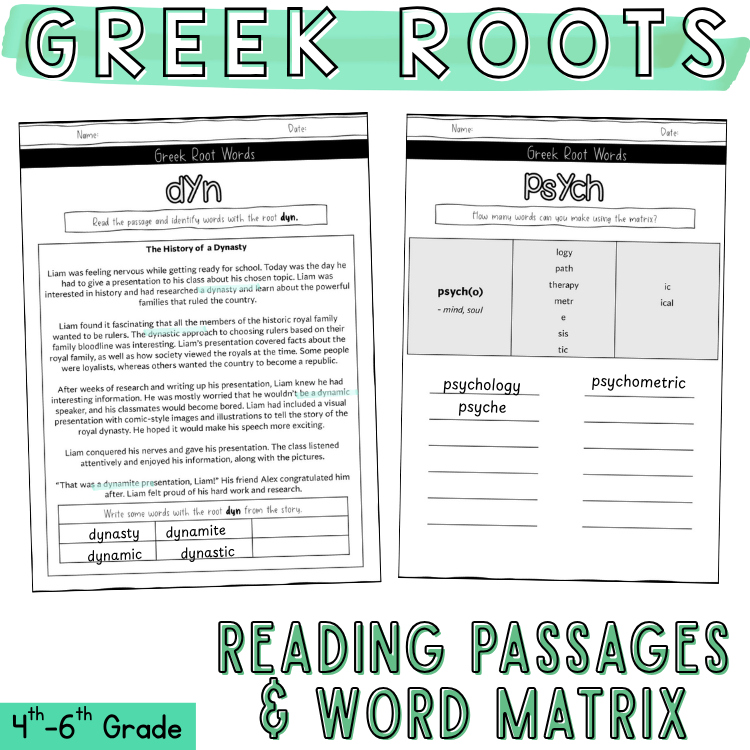 Greek Roots Morphology Matrix & Word Sums with Reading Passages 5th 6th Grade