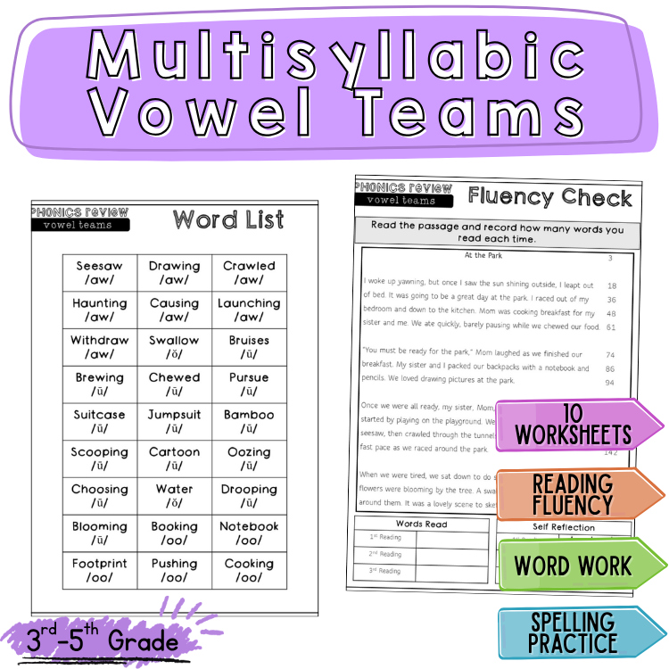 3rd Grade Multisyllabic Words with Vowel Teams Worksheets & Decodable Passages