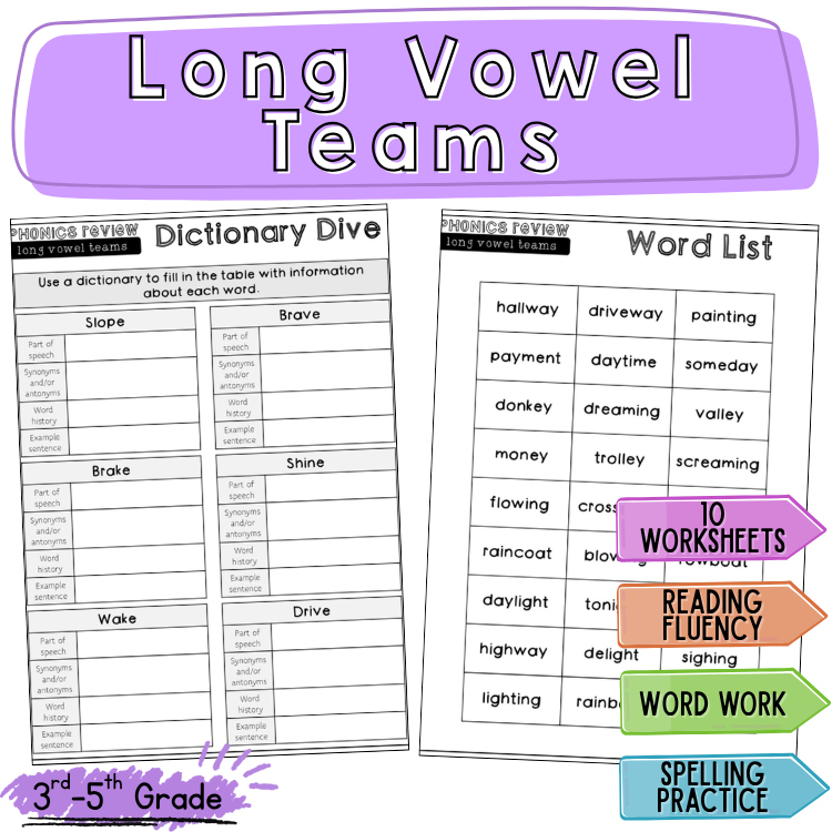 Multisyllabic Words with Vowel Teams 2 Syllable Worksheets 3rd 4th Grade Phonics