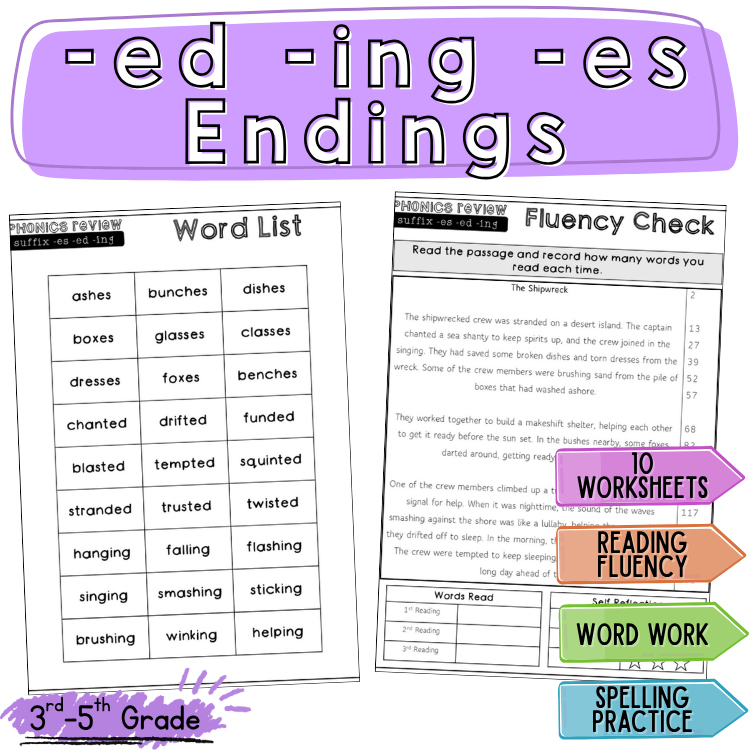 Phonics 3rd 4th Grade Suffix Endings ed es ing Decodable Worksheet Review Packet