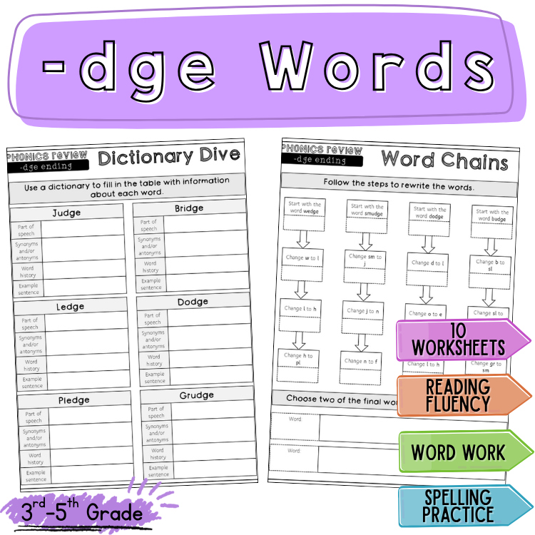 Trigraph End -dge Reading UFLI Fluency Passage & Worksheet Activities 3rd Grade