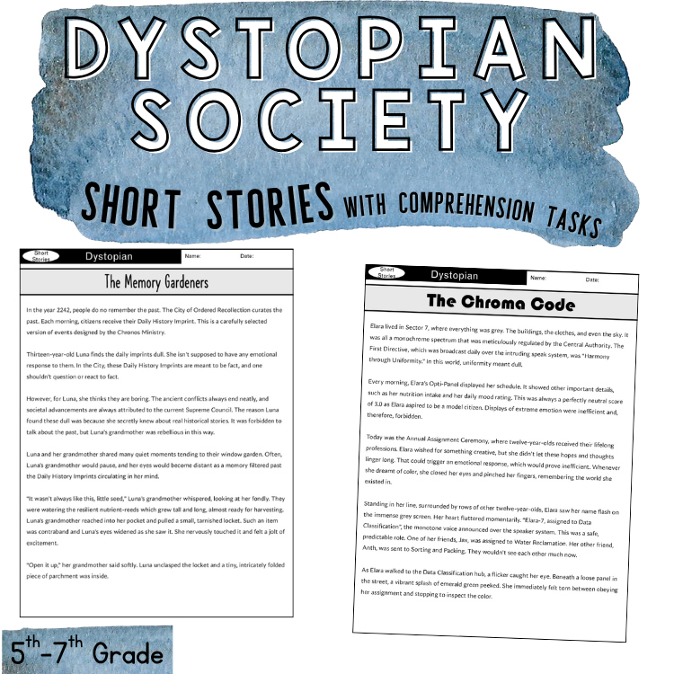 Dystopian Society Fiction Short Stories with Comprehension Questions Grade 6