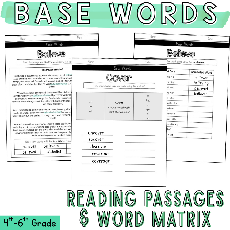 Base Words & Endings Morphology Matrix 5th 6th Grade Root Word Work Assessment