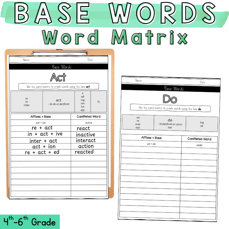Base Words Matrix Morphology Unit 5th 6th Grade Word Study Matrices Worksheets