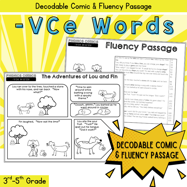 Vowel Consonant E cvce Reading Passages Fluency ELA Comics Phonics 3rd 4th Grade