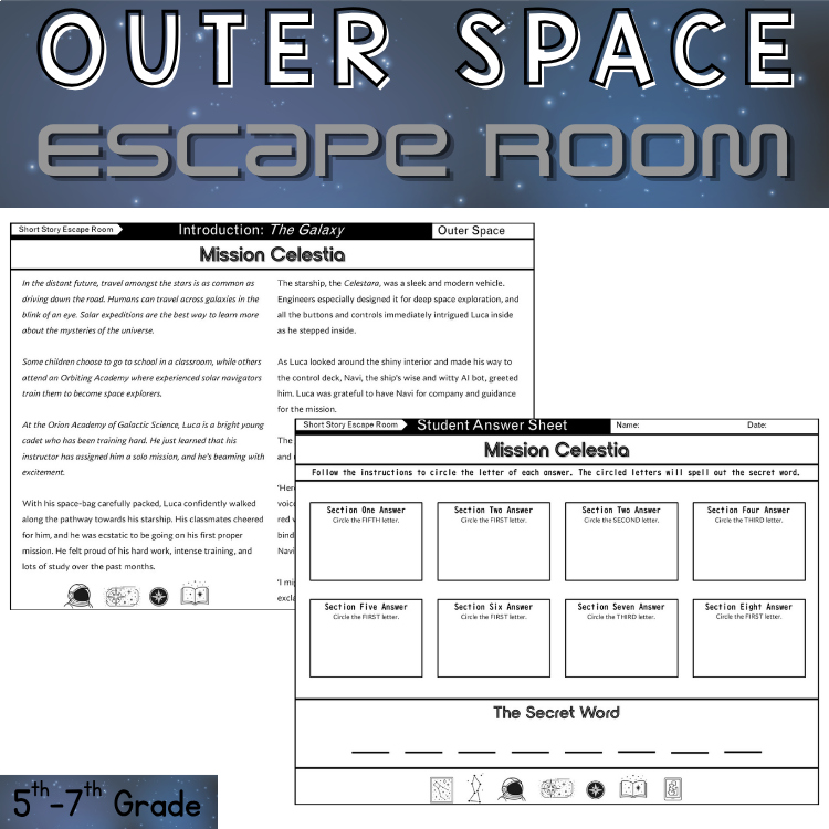 Outer Space Theme Mystery Reading Escape Room ELA Constellations 5th 6th Grade