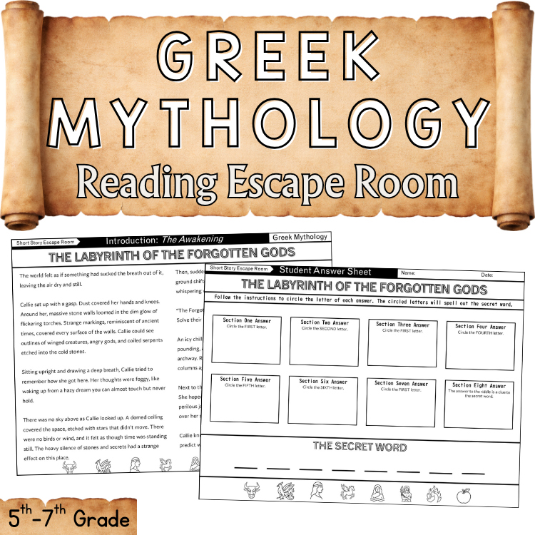 Greek Mythology Short Story Escape Room Myth Reading Comprehension 5th 6th Grade