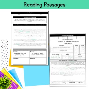 Morphology Centers Affixes 5th 6th Grade Worksheets Task Cards Notebook Passages, image 2