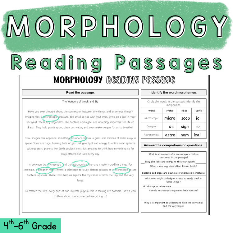 Middle School Morphology Assessment 4th 5th 6th Grade Root Words Reading Passage